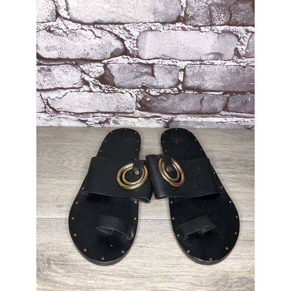 Beek Black Leather Handmade Gold Toe Ring Flats Sandals Women Sz 7M US/38EU - Picture 2 of 16